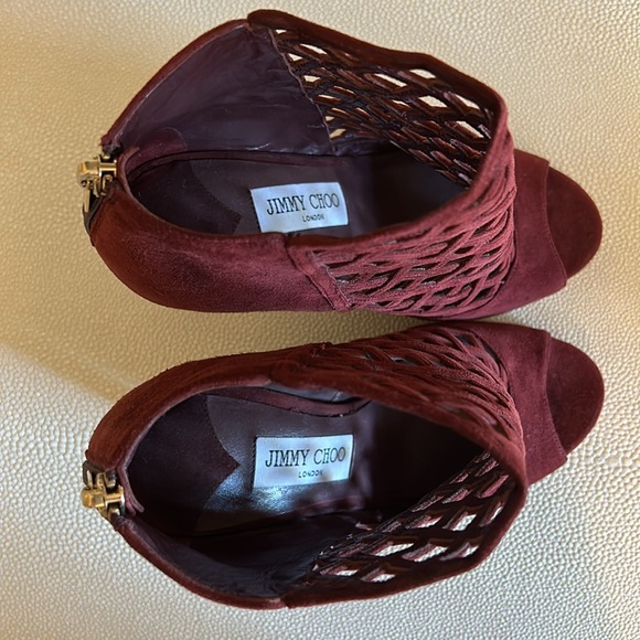 Jimmy Choo Dane Peep Toe Caged Heeled Booties Red Burgundy Size 37 or 6.5 - Picture 6 of 7